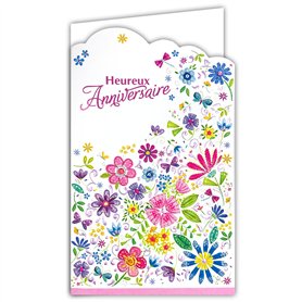 Afie 15-6503 Carte avec Enveloppe Heureux Anniversaire pour Fille Femme Bouquet de Fleurs des Champs Champêtre Papillons Libellu