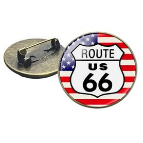 Broche épinglette Route 66 USA pin's motard Biker Triker avec drapeau americain. Livré avec étui cadeau en velours.