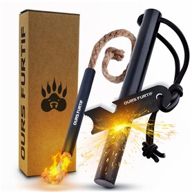 Kit Firesteel XXL - Pierre à Feu de Survie - Barre Magnésium Tendre de qualité 12mm - 20 000 utilisations - Amadou Inclus + Para