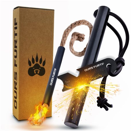 Kit Firesteel XXL - Pierre à Feu de Survie - Barre Magnésium Tendre de qualité 12mm - 20 000 utilisations - Amadou Inclus + Para
