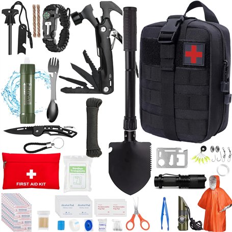 Kit Survie Complet Trousse Premier Secours Militaire Guerre nucléaire Équipement Camping Randonnée Sac 72h Catastrophe Multifonc