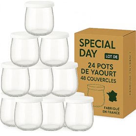 SPECIAL-DAY 24 pots yaourts en verre avec 48 couvercles hermétiques sans BPA- petit pot yaourt bebe- pour yaourtiere thermomix c
