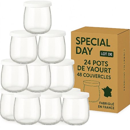 SPECIAL-DAY 24 pots yaourts en verre avec 48 couvercles hermétiques sans BPA- petit pot yaourt bebe- pour yaourtiere thermomix c