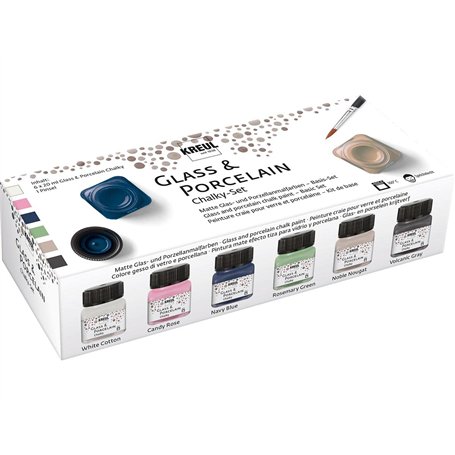 KREUL 16602 - Glass & Porcelain Chalky Set de 6 pots de peinture à effet craie pour verre et porcelaine de 20 ml avec 1 pinceau
