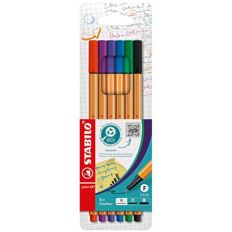 STABILO Stylo feutre pointe fine point 88 - Pochette x 6 stylos feutres - Coloris assortis