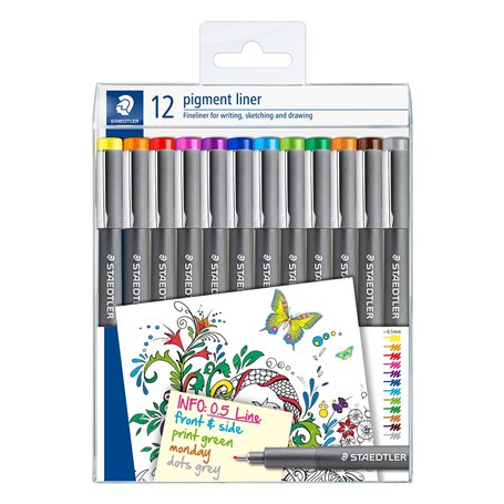 Staedtler - Pigment Liner 308 - Etui Plastique 12 Feutres Pointe Calibrée 0