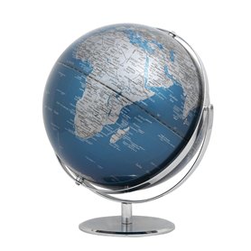 Globe terrestre 30 cm de diamètre - JURI - Base en métal chromé - Deux axes mobiles - Bleu Métallique Argent - TROIKA Original