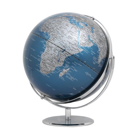 Globe terrestre 30 cm de diamètre - JURI - Base en métal chromé - Deux axes mobiles - Bleu Métallique Argent - TROIKA Original
