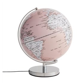 Globe terrestre de 30 cm de diamètre - Lumière réglable - Éclairage intégré - Base en métal chromé - Axe mobile - Rose