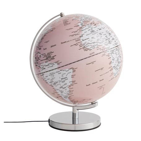 Globe terrestre de 30 cm de diamètre - Lumière réglable - Éclairage intégré - Base en métal chromé - Axe mobile - Rose