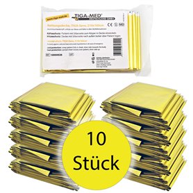 Lot de 10 couvertures de survie 210 x 160 cm en cas d'urgence et de premiers soins (Argenté/doré)