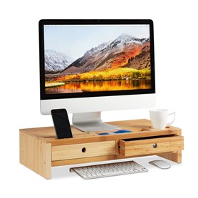 Relaxdays Support pour écran en bambou avec 2 tiroirs et compartiments pour écran Blanc cassé 14 x 60 x 30 cm