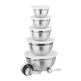 Relaxdays 10024713 Set de Cuisine Bol mélangeur 5X saladier avec Couvercle en INOX 18 pièces cuillère doseur