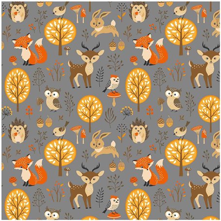 Tissu en coton pour enfant - Au mètre - Largeur : 155 cm - Motifs animaux dans la forêt - Gris BC017 - 50 x 150 cm
