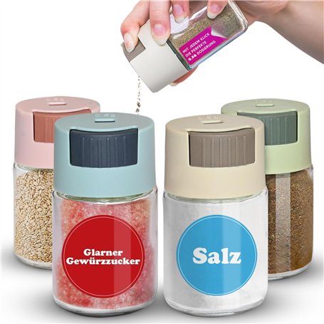 Spicy Cat Lot de 4 petits pots à sucre / sel avec couvercle - 1/4 cuillère à café par clic pour sel