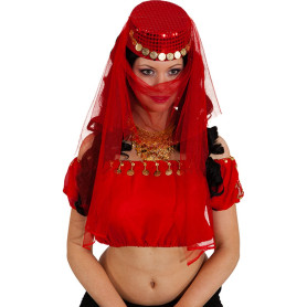 NET TOYS Voile et Chapeau orientaux Accessoires Danse du Ventre Rouge Voilette et Bonnet pour Danseuse Harem Chapeau Arabe Acces