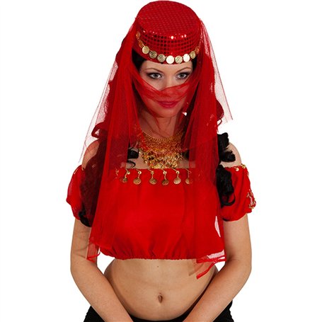 NET TOYS Voile et Chapeau orientaux Accessoires Danse du Ventre Rouge Voilette et Bonnet pour Danseuse Harem Chapeau Arabe Acces