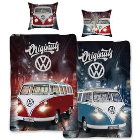 BERONAGE Parure de lit réversible avec Fermeture éclair pour VW Volkswagen Bulli Originals Rouge/Bleu 135 cm x 200 cm + 80 cm x