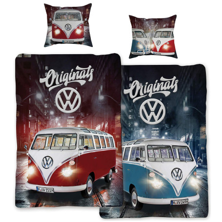 BERONAGE Parure de lit réversible avec Fermeture éclair pour VW Volkswagen Bulli Originals Rouge/Bleu 135 cm x 200 cm + 80 cm x