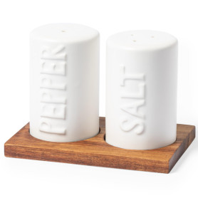 Salière et poivrière en céramique blanche dans un support en bois d'acacia - Look méditerranéen - Ustensile de cuisine