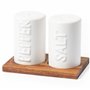 Salière et poivrière en céramique blanche dans un support en bois d'acacia - Look méditerranéen - Ustensile de cuisine