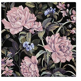 Lot de 20 serviettes de table motif fleurs mystérieuses sur fond noir - Décoration de table 33 x 33 cm