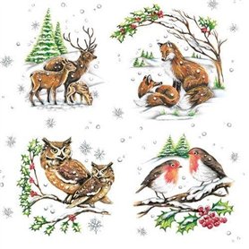 Servietten Tiere 20 Serviettes Famille Animaux Hiver | Fuchs | Eule | Reh | Hirsch | Oiseaux 33x33cm - 3 Couches - Biodégradable