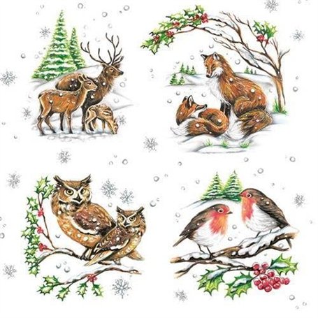 Servietten Tiere 20 Serviettes Famille Animaux Hiver | Fuchs | Eule | Reh | Hirsch | Oiseaux 33x33cm - 3 Couches - Biodégradable