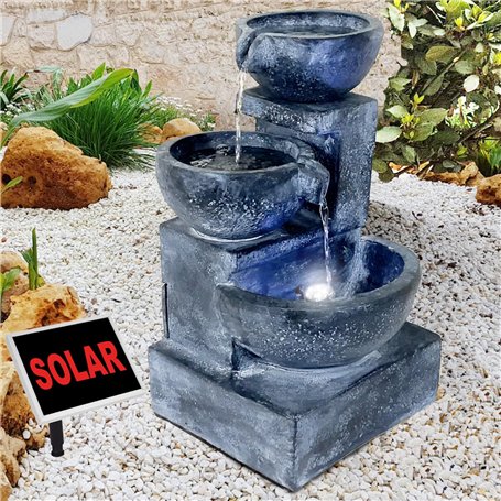 AMUR Fontaine de Jardin Solaire avec Batterie Lithium et Éclairage LED - Cascade Bols Trois Niveaux Relaxante et Élégante