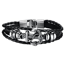 Hanessa Bracelet surfeur en cuir noir ancre pour homme - Bijoux en acier inoxydable - Cadeau de Noël pour un ami/un homme