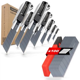HASKYY Lot de 10 Cutters Professionnels avec 100 Lames SK5 18mm à 7 Segments - Système de Changement Rapide