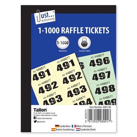 6 paquets papeterie Clockroom/tickets de loterie – 1–1000