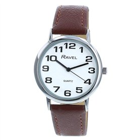 Ravel - Montre Bracelet Unisexe Facile à Lire avec de Gros Chiffres - Cadran Blanc/Ton argenté/Marron