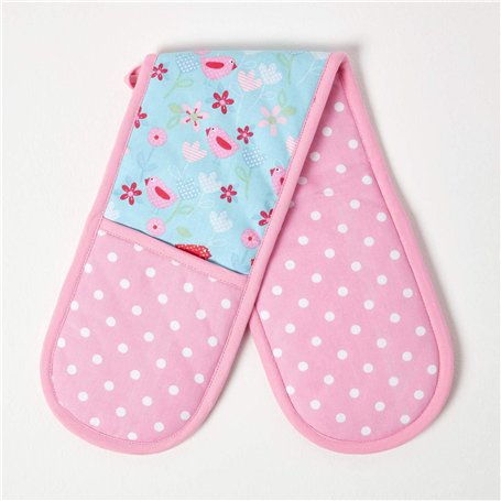 HOMESCAPES – Pur Coton – Gant de Cuisine Double – Oiseaux et Fleurs – Rose Bleu – 18 x 84 cm - Linge de Cuisine Entièrement Coor