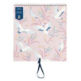 Busy B - Grand calendrier mural familial 2025 - Oiseaux - Calendrier mensuel avec 5 colonnes et pochettes de rangement avec des