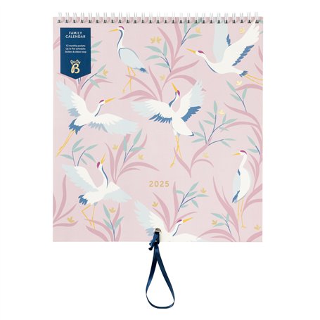 Busy B - Grand calendrier mural familial 2025 - Oiseaux - Calendrier mensuel avec 5 colonnes et pochettes de rangement avec des