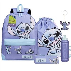 Disney Stitch Sac a Dos Fournitures Scolaires Lot 5 Pièces avec Sac de Natation Trousse Bouteille d'eau et Porte-clés Cadeau Enf