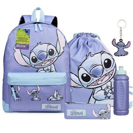 Disney Stitch Sac a Dos Fournitures Scolaires Lot 5 Pièces avec Sac de Natation Trousse Bouteille d'eau et Porte-clés Cadeau Enf