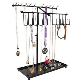 BELLE VOUS Présentoir à Bijoux - (42x29cm) Porte-Bijoux en Métal Noir avec 30 Crochets et Plateau - Réglable Support Organisateu