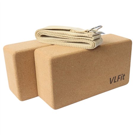VLFit Lot de 2 blocs de yoga en liège - Avec sangle de yoga 100% coton - Respectueux de l'environnement - Fabriqué en liège natu