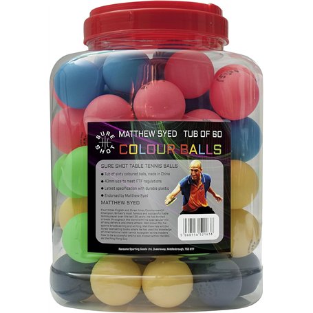 Sure Shot Matthew Syed Balles de ping-Pong | Lot de 60 balles de Tennis de Table Multicolores | Balles d'entraînement en Plastiq