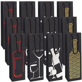 BELLE VOUS Sac Cadeau Bouteille de Vin Noir (Lot de 12) - 4 Motifs - Etui Cadeau Bouteille avec Poignées à Corde - Emballage Cha