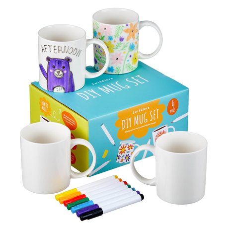 THE TWIDDLERS 4 Mugs Porcelaine à Peindre & Décorer avec 7 Feutres - Loisirs Créatifs pour Enfants