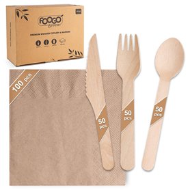 FOOGO Green Lot de 250 couverts jetables en bois et serviettes marron écru certifiés FSC®