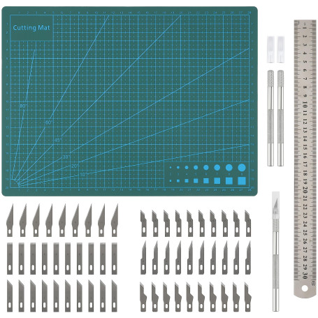 Belle Vous Ensemble de 65 Lames Artisanales avec Tapis de Découpe A4 - Kit Modelisme Exacto - Idéal pour le Papier