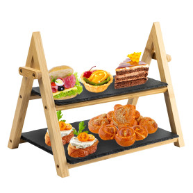 HEFTMAN Presentoir Aperitif Buffet à 2 Étages en Ardoise - Plateau de Service Presentation Gateau Rustique Pliable pour Thé de L