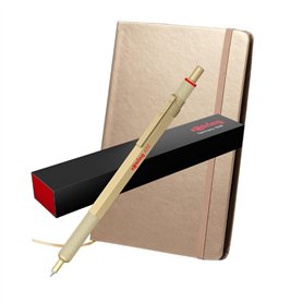rOtring Stylo à bille métallique 600 + carnet | Pointe moyenne | Corps doré avec poignée moletée antidérapante | Rechargeable
