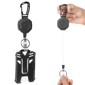 Winter Shore Porte Badge Enrouleur Noir avec Porte Clé & Mousqueton - Porte Badge Retractable & Enrouleur Badge