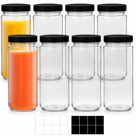Winter Shore Bouteilles Transparentes de 450ml avec Couvercles & Étiquettes (Lot de 8) - Bouteille de Jus Vide - Bouteille d Eau