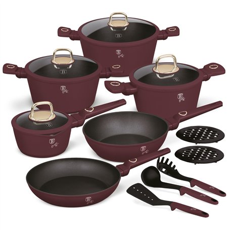 Berlinger Haus Leonardo Collection Batterie de cuisine à induction 15 pièces en aluminium anti-adhésif avec couvercle/Bordeaux m
